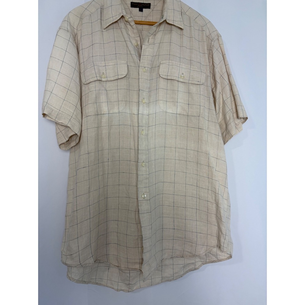Vintage Tommy Hilfiger Golf Mens Linen‎ Shirt Large Beige Blue Short Sleeve L